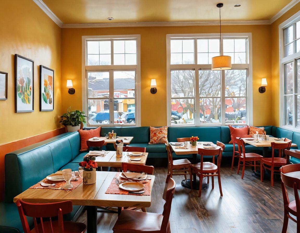 A cozy, cheerful bistro interior filled with colorful decor and family-friendly furnishings. Children are laughing and playing at a table while parents enjoy their meals. Brightly colored plates of delicious child-friendly dishes are displayed, and a small play area can be seen in the corner. Soft natural light filters through large windows, creating a warm, inviting atmosphere. super-realistic. vibrant colors. cheerful ambiance.