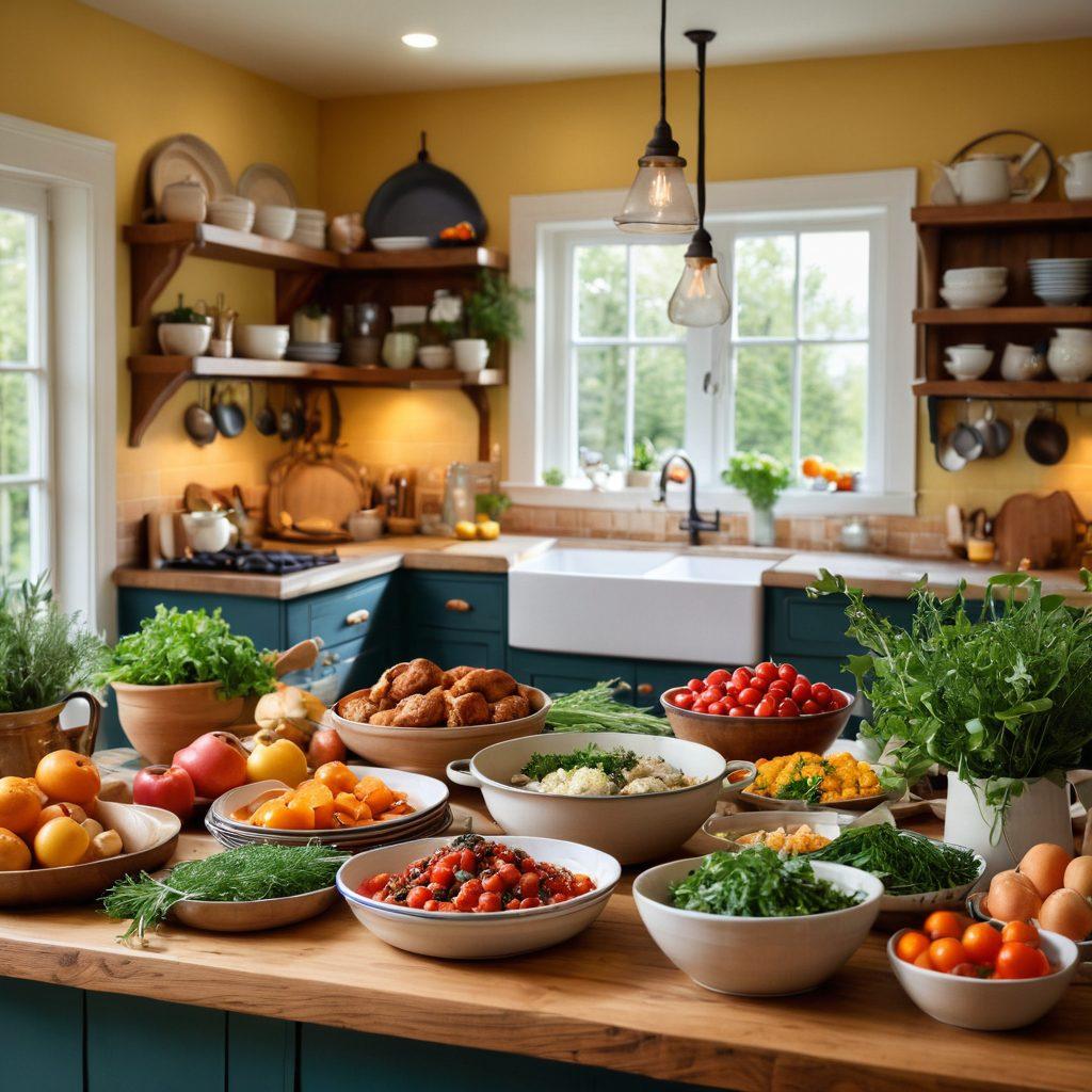 A cozy and inviting kitchen scene filled with a multigenerational family joyfully preparing and sharing gourmet comfort food, showcasing colorful dishes and laughter. Soft, warm lighting envelops the space, highlighting the love and connection among family members. A beautifully set dining table in the background adds a touch of elegance, symbolizing the gathering. Elements of fresh ingredients and aromatic herbs surround the cooking area. This warm moment is captured in a realistic style with vibrant colors.