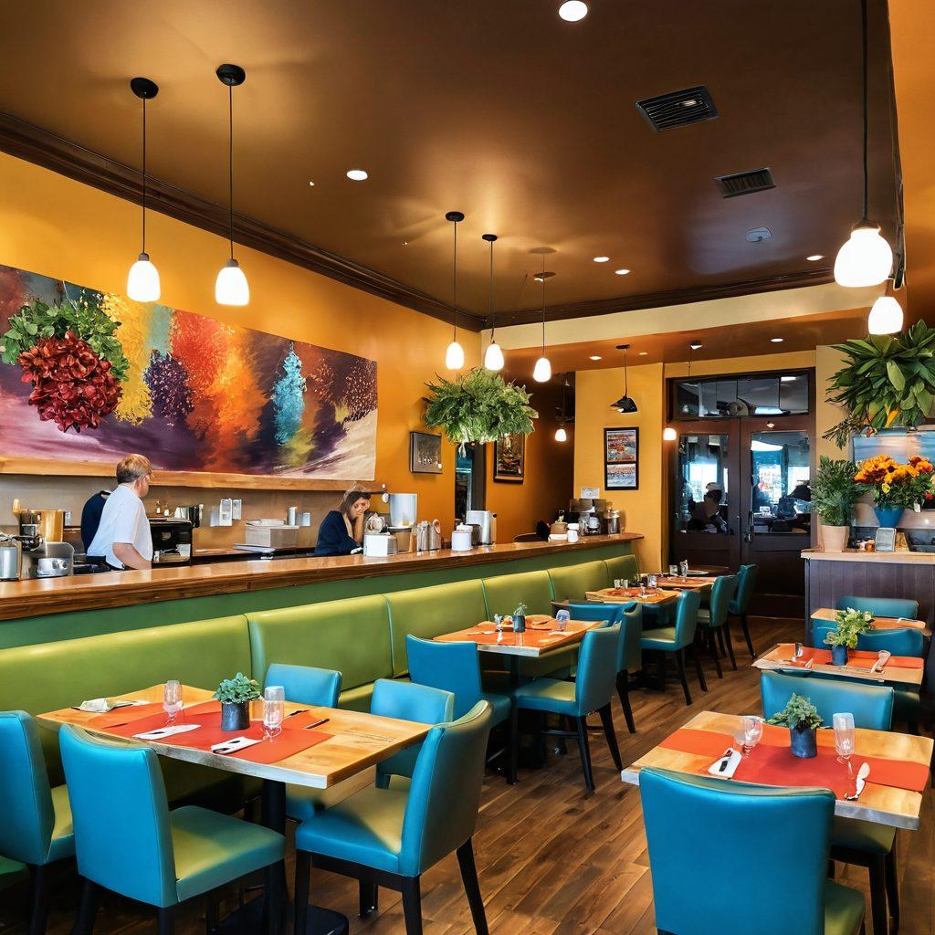 A cozy bistro setting with families enjoying delicious meals together, colorful dishes on tables, warm ambient lighting, and cheerful smiles. Include a friendly staff member serving food and a background of lively decor with plants and art. The atmosphere should evoke warmth, happiness, and a sense of community. vibrant colors. super-realistic.